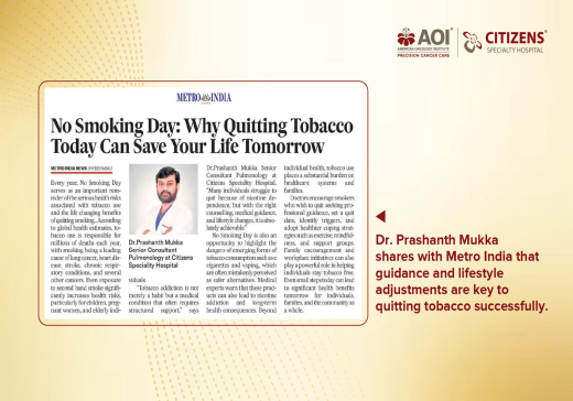 Dr. Prashanth Mukka shares with Metro India that guidance and lifestyle adjustments are key to quitting tobacco successfully.