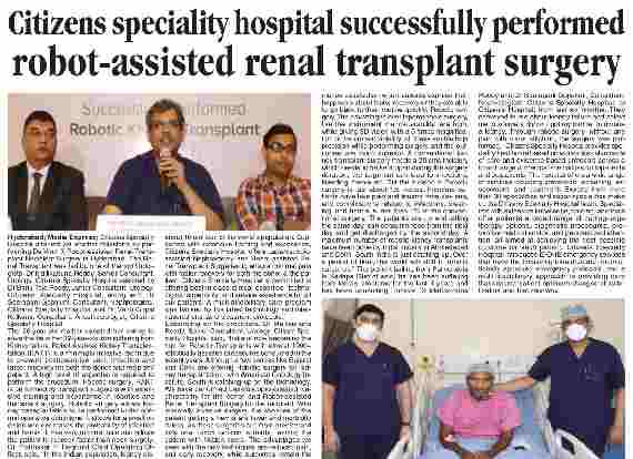  Citizens specialty hospital successfully performed robot-assisted renal transplant surgery